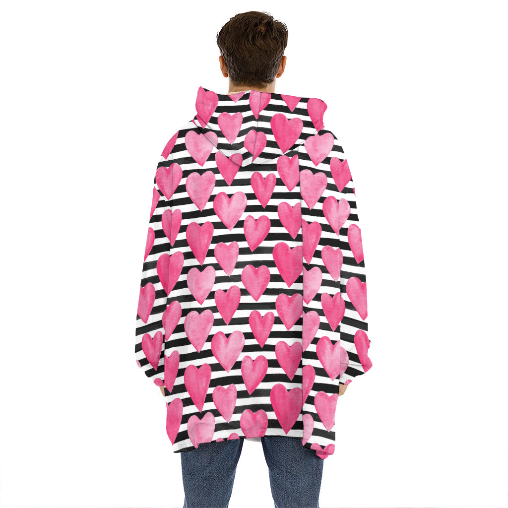 Black And White Striped Heart Print Hoodie Blanket