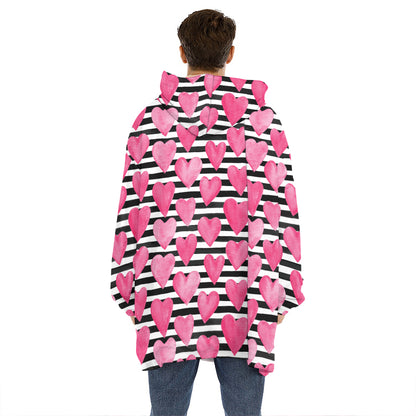 Black And White Striped Heart Print Hoodie Blanket