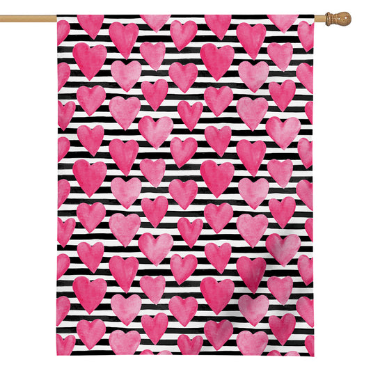 Black And White Striped Heart Print House Flag