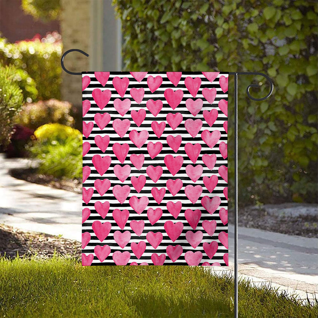 Black And White Striped Heart Print House Flag