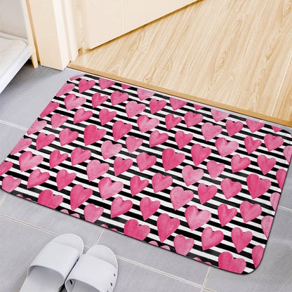 Black And White Striped Heart Print Indoor Door Mat