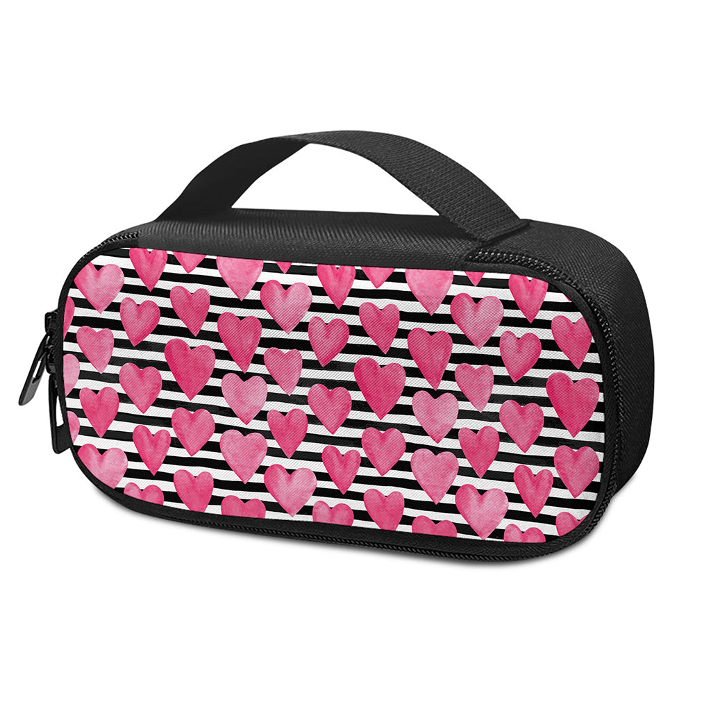 Black And White Striped Heart Print Insulin Cooler Travel Case