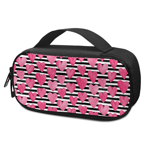 Black And White Striped Heart Print Insulin Cooler Travel Case