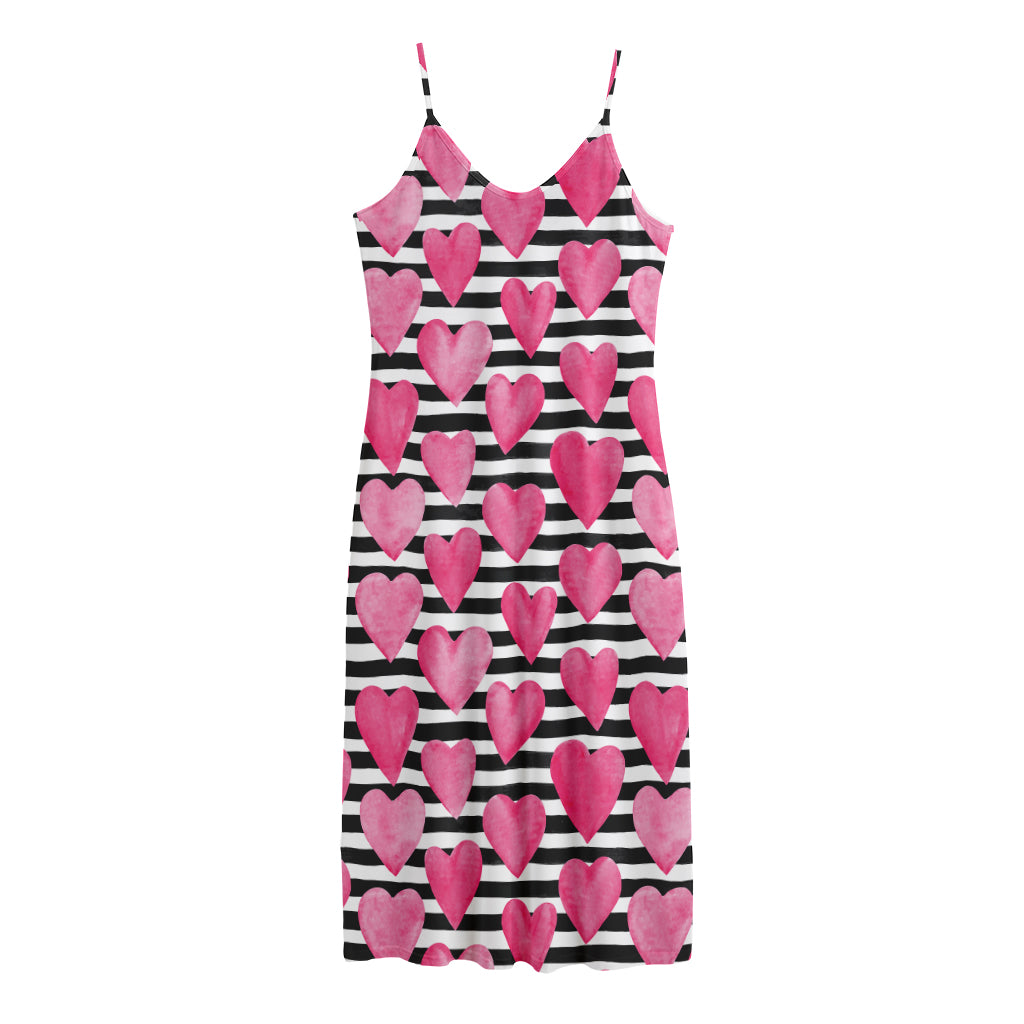 Black And White Striped Heart Print Jersey Midi Cami Dress