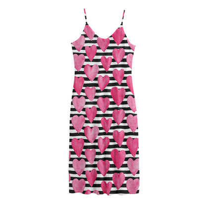 Black And White Striped Heart Print Jersey Midi Cami Dress
