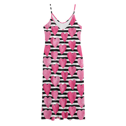 Black And White Striped Heart Print Jersey Midi Cami Dress