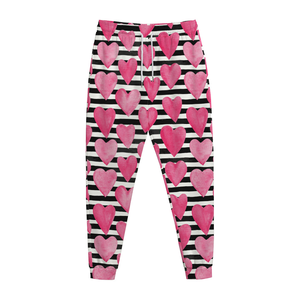 Black And White Striped Heart Print Jogger Pants