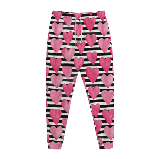 Black And White Striped Heart Print Jogger Pants