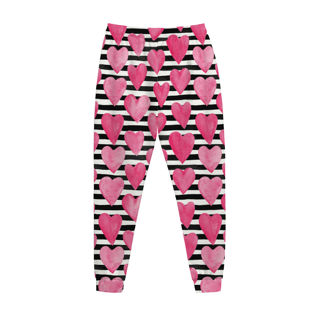 Black And White Striped Heart Print Jogger Pants