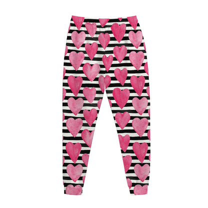 Black And White Striped Heart Print Jogger Pants