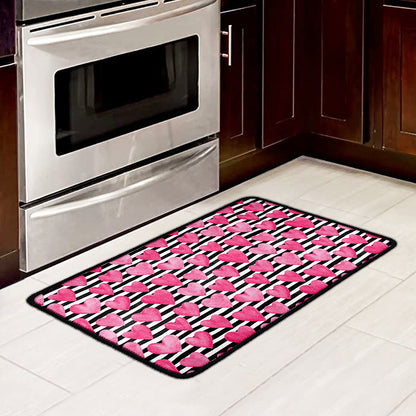 Black And White Striped Heart Print Kitchen Mat