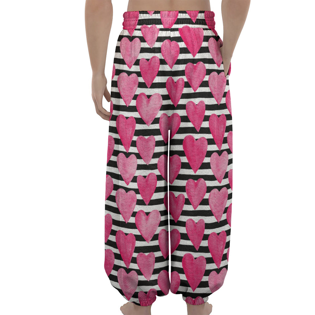 Black And White Striped Heart Print Lantern Pants