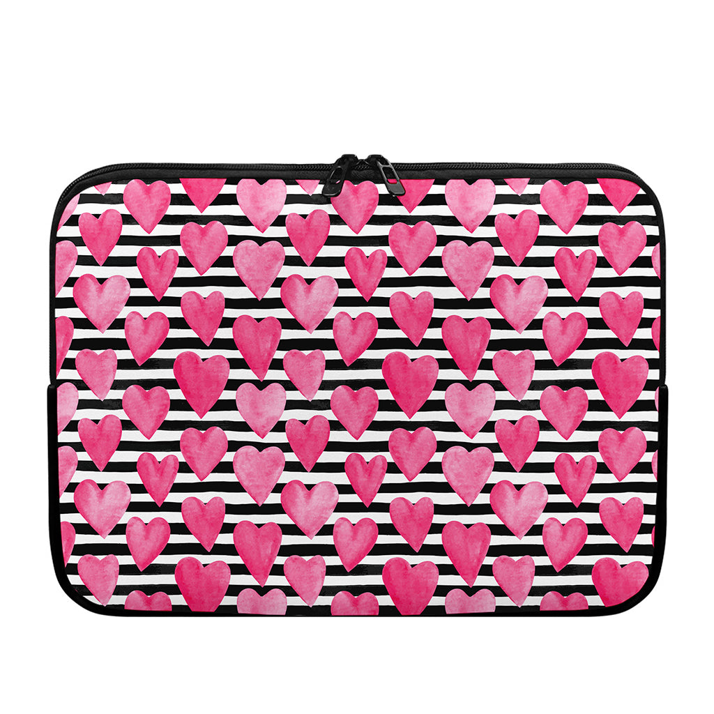 Black And White Striped Heart Print Laptop Sleeve