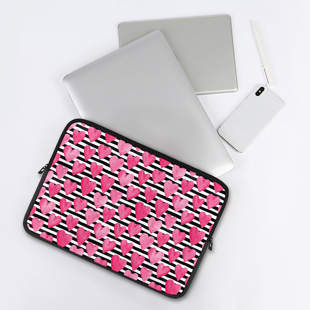 Black And White Striped Heart Print Laptop Sleeve