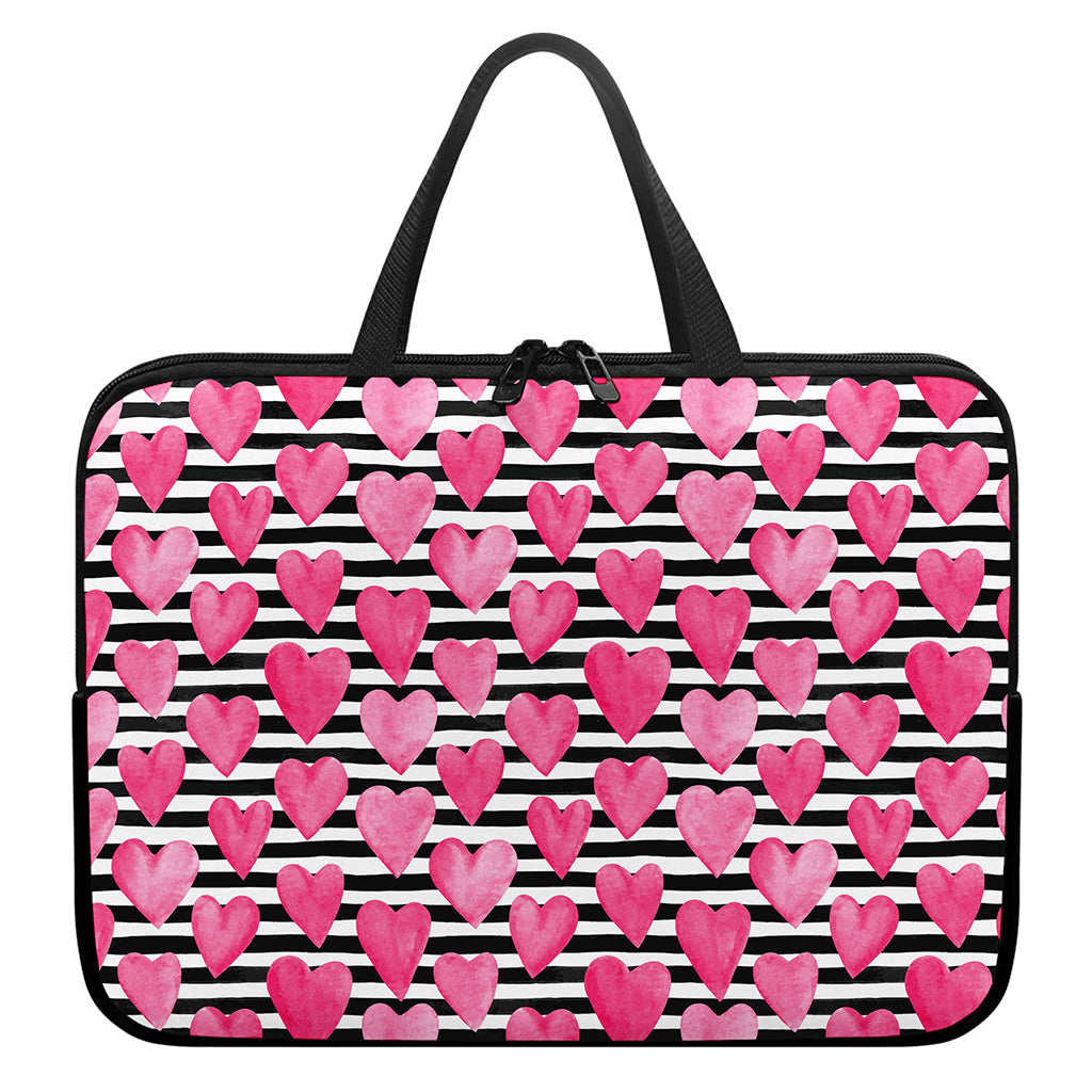 Black And White Striped Heart Print Laptop Sleeve With Handle