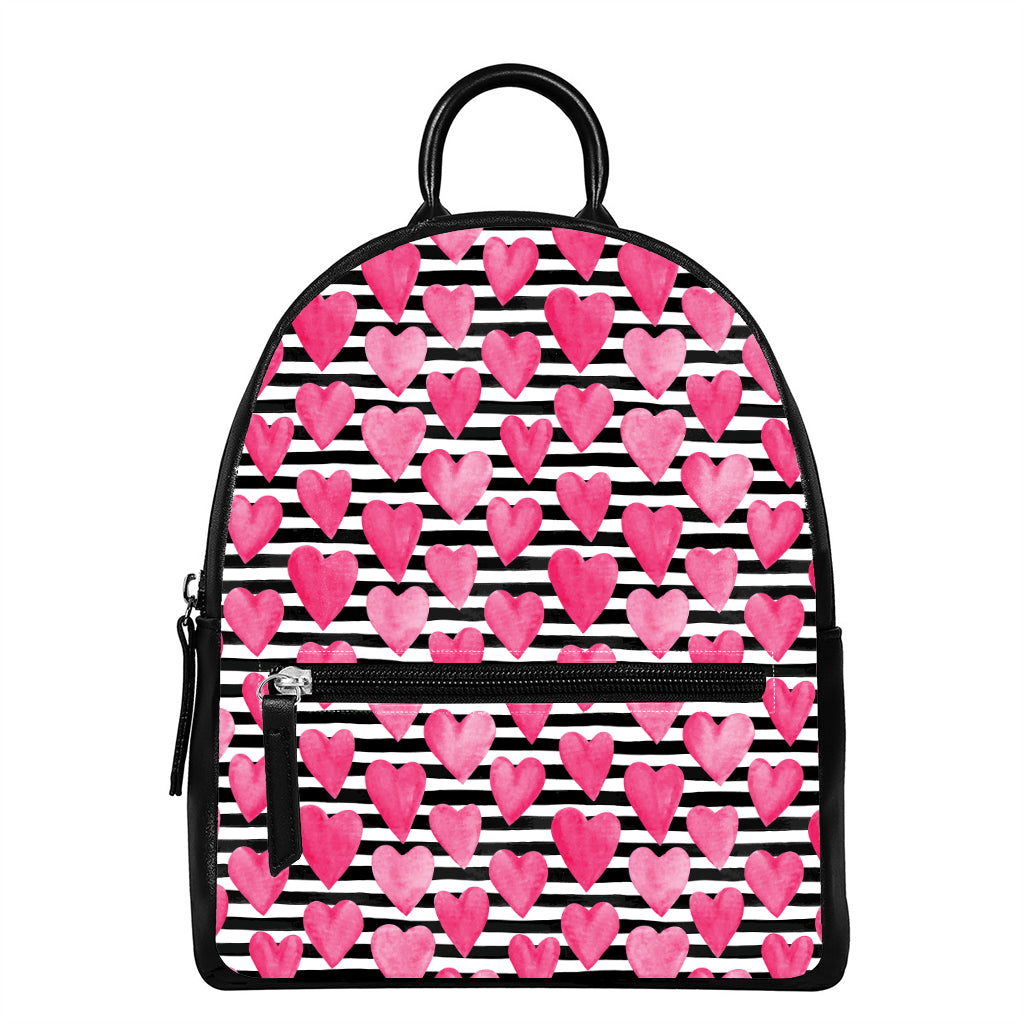 Black And White Striped Heart Print Leather Backpack