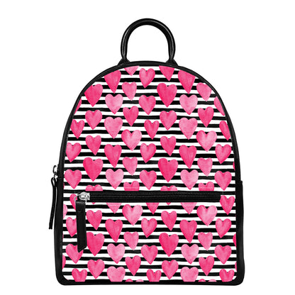 Black And White Striped Heart Print Leather Backpack