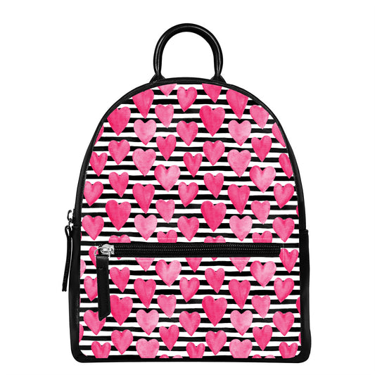 Black And White Striped Heart Print Leather Backpack
