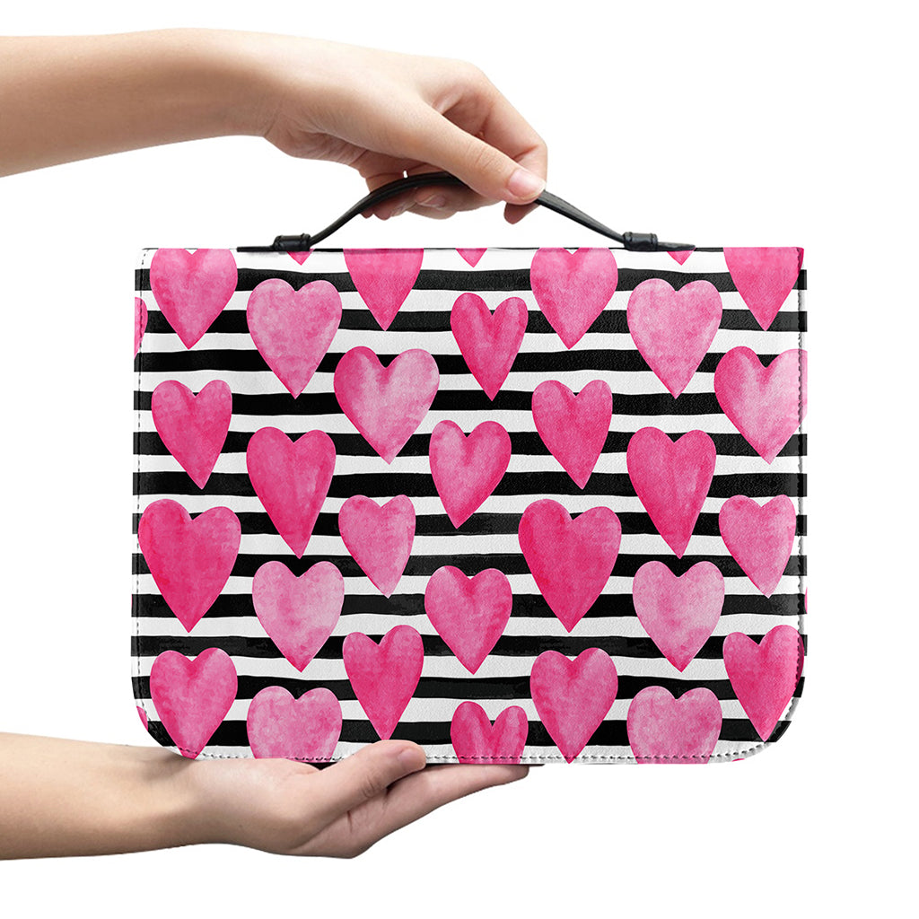 Black And White Striped Heart Print Leather Bible Cover