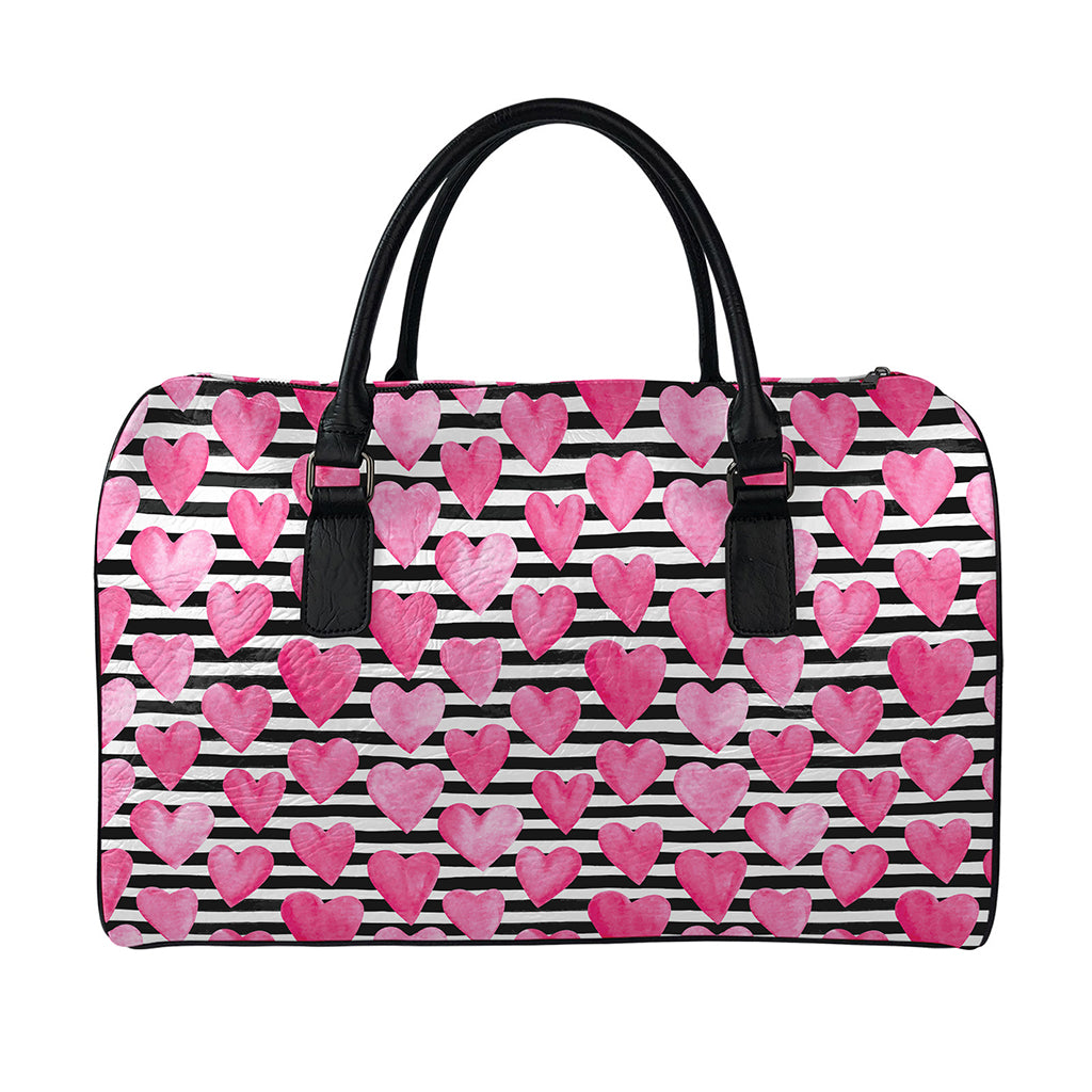 Black And White Striped Heart Print Leather Duffle Bag
