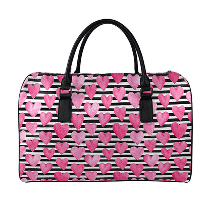 Black And White Striped Heart Print Leather Duffle Bag