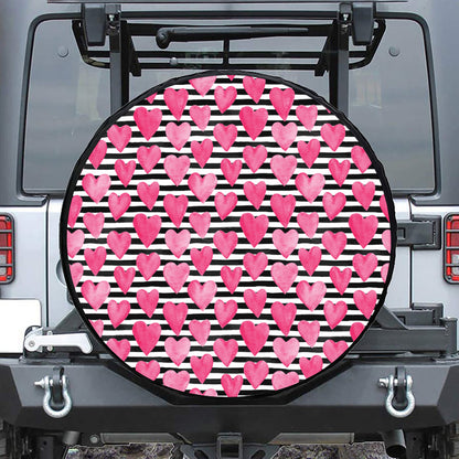Black And White Striped Heart Print Leather Spare Tire Cover