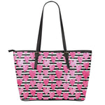 Black And White Striped Heart Print Leather Tote Bag