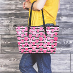 Black And White Striped Heart Print Leather Tote Bag