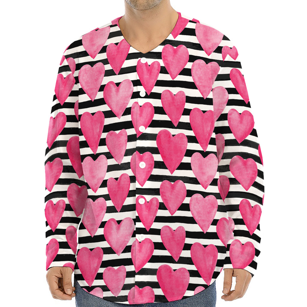 Black And White Striped Heart Print Long Sleeve Baseball Jersey
