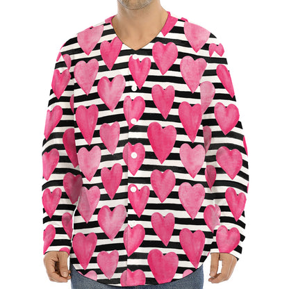 Black And White Striped Heart Print Long Sleeve Baseball Jersey