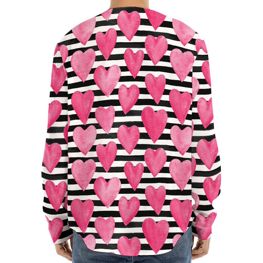 Black And White Striped Heart Print Long Sleeve Baseball Jersey