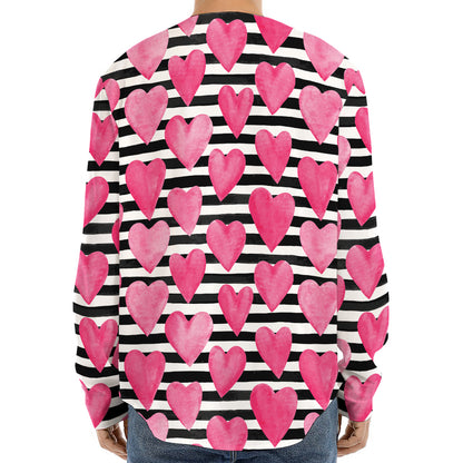 Black And White Striped Heart Print Long Sleeve Baseball Jersey