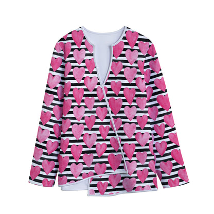 Black And White Striped Heart Print Long Sleeve Short Coat