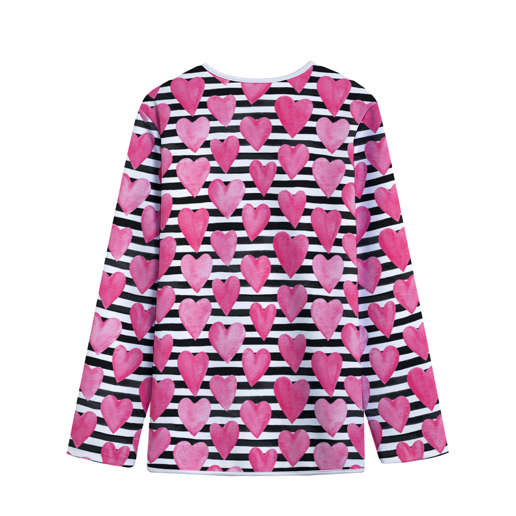Black And White Striped Heart Print Long Sleeve Short Coat