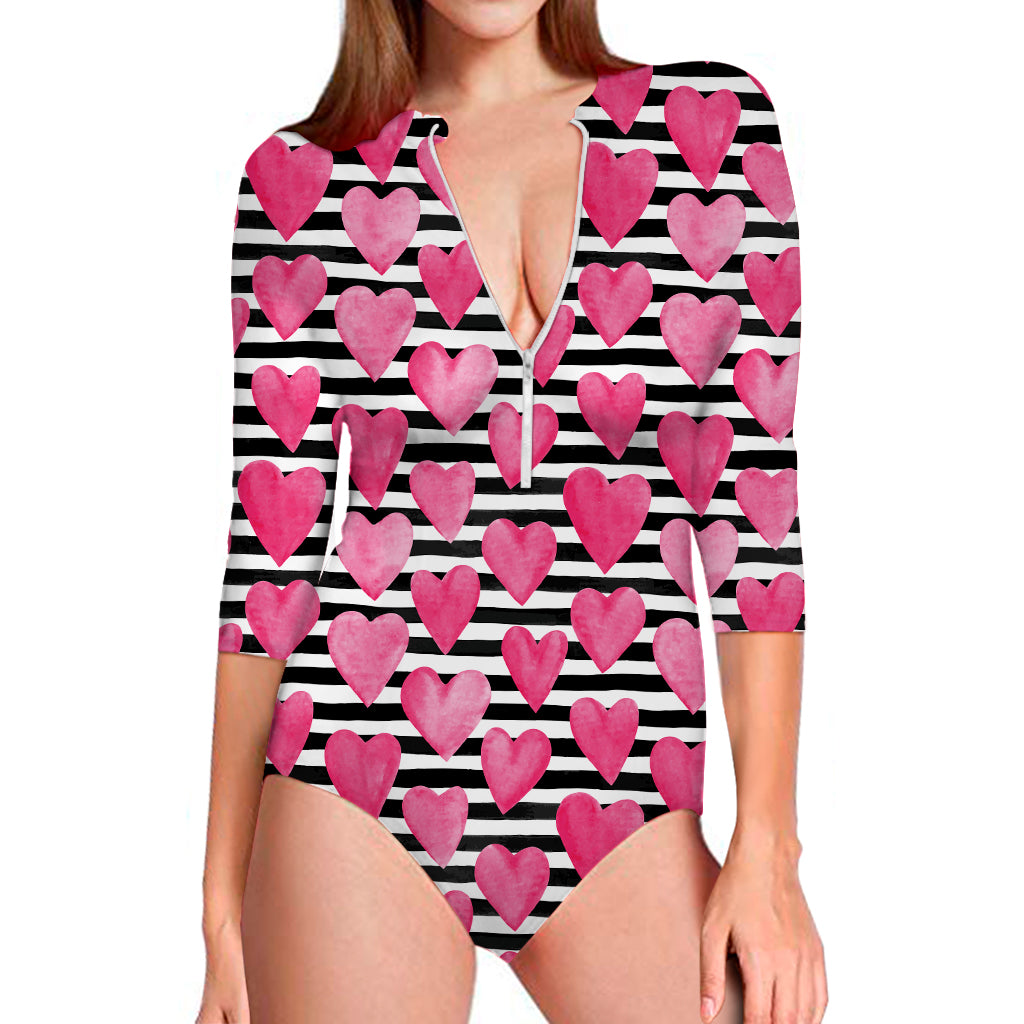 Black And White Striped Heart Print Long Sleeve Swimsuit