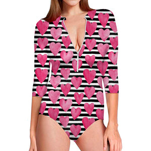 Black And White Striped Heart Print Long Sleeve Swimsuit