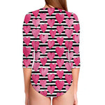 Black And White Striped Heart Print Long Sleeve Swimsuit