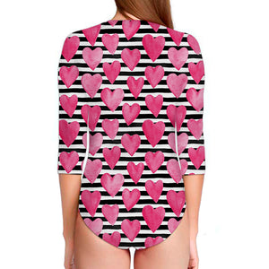 Black And White Striped Heart Print Long Sleeve Swimsuit