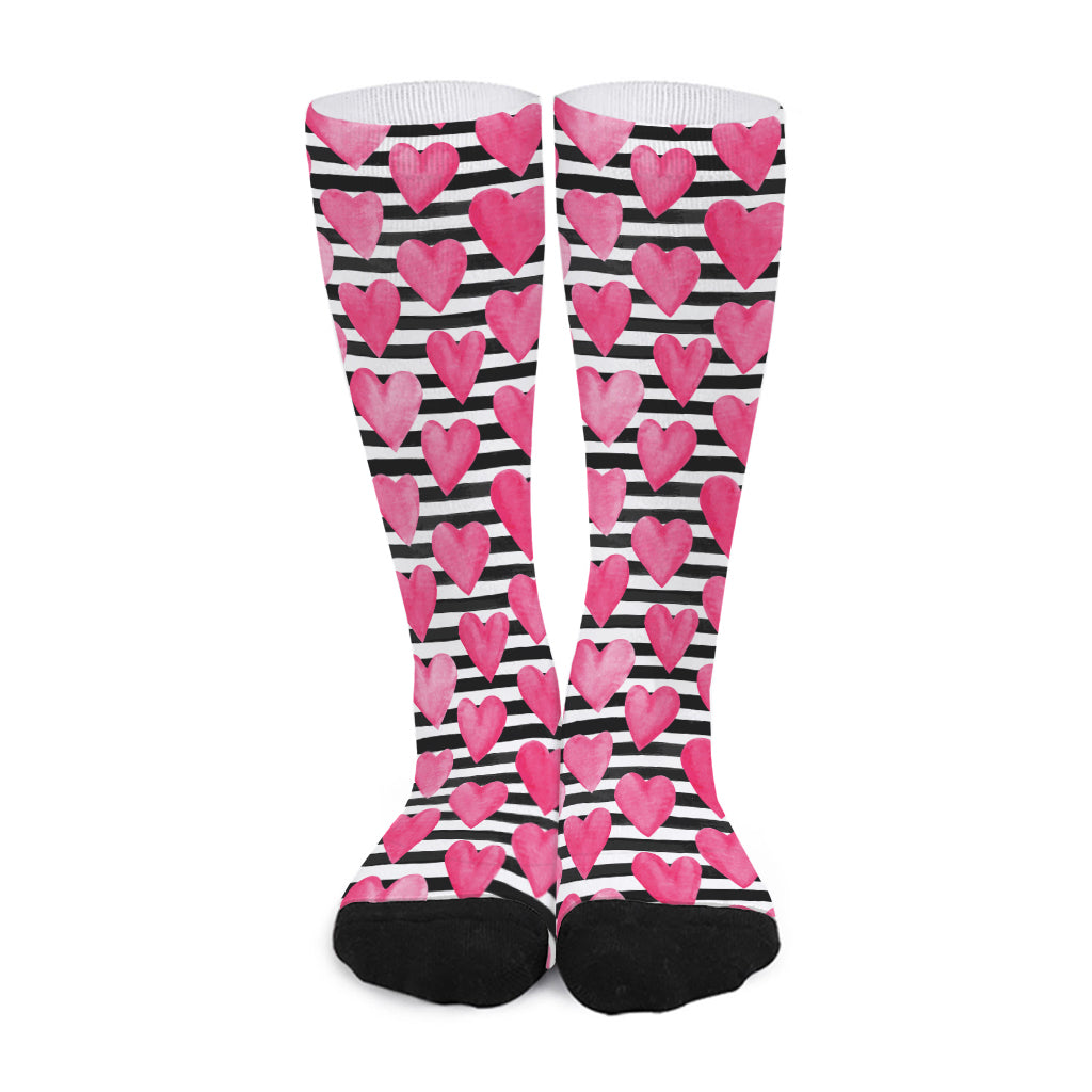 Black And White Striped Heart Print Long Socks