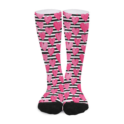 Black And White Striped Heart Print Long Socks