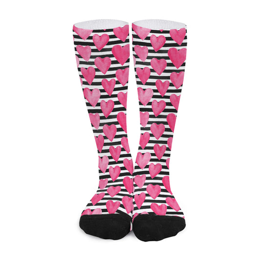 Black And White Striped Heart Print Long Socks