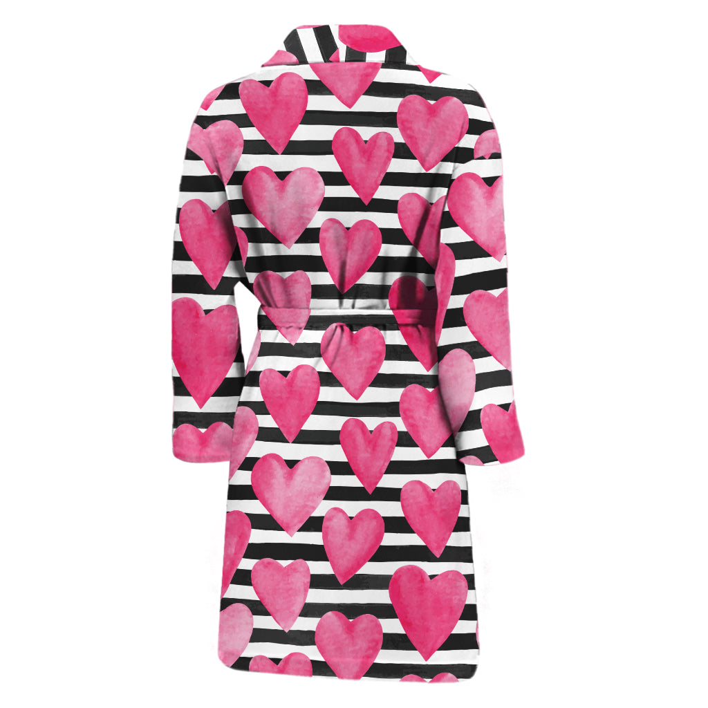 Black And White Striped Heart Print Men's Bathrobe