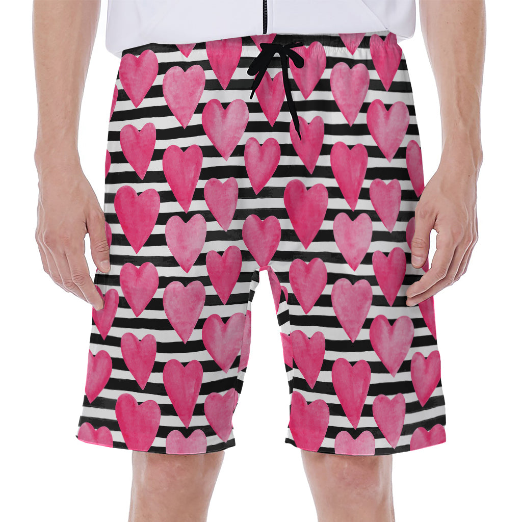 Black And White Striped Heart Print Men's Beach Shorts
