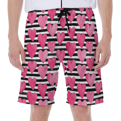 Black And White Striped Heart Print Men's Beach Shorts