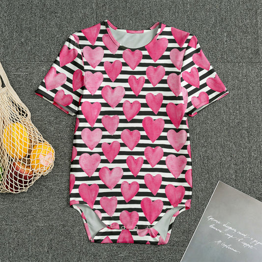 Black And White Striped Heart Print Men's Bodysuit