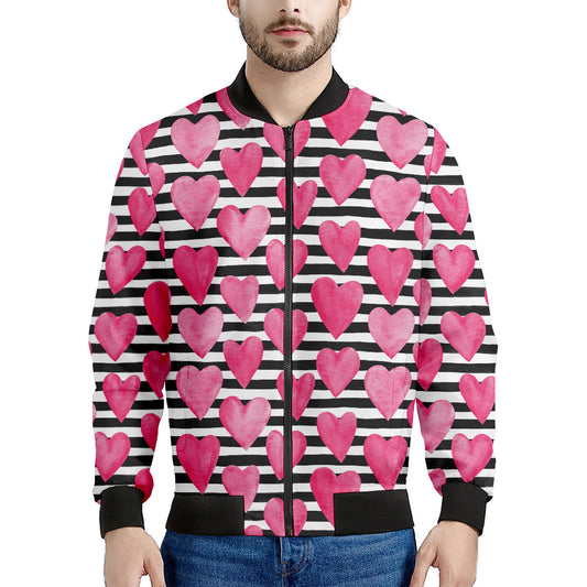 Black And White Striped Heart Print Men's Bomber Jacket