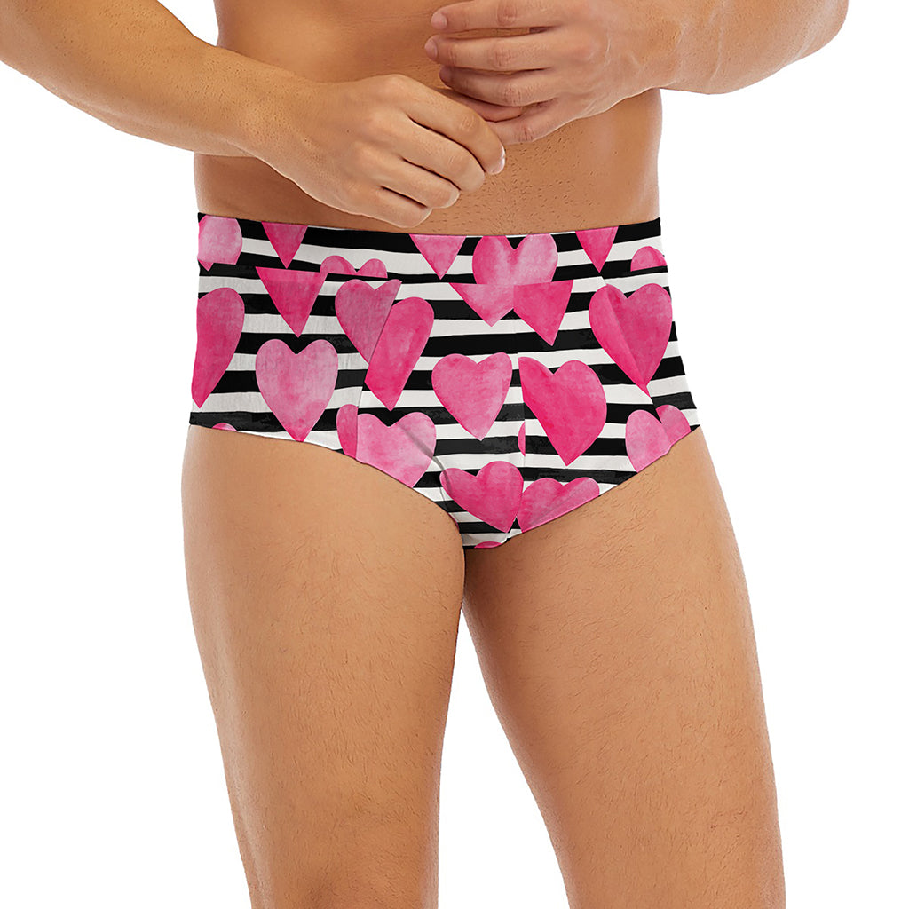Black And White Striped Heart Print Men's Briefs