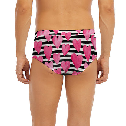 Black And White Striped Heart Print Men's Briefs