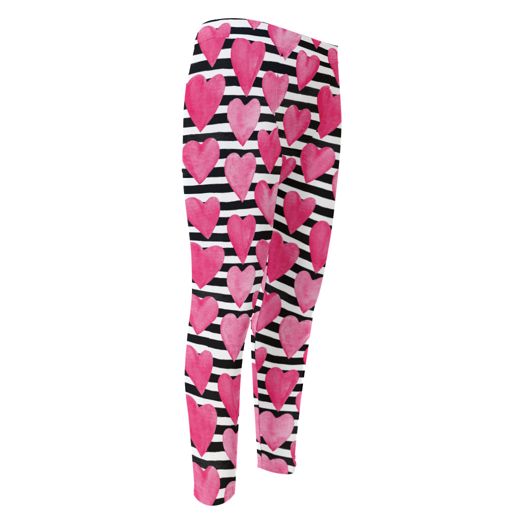 Black And White Striped Heart Print Men's Compression Pants