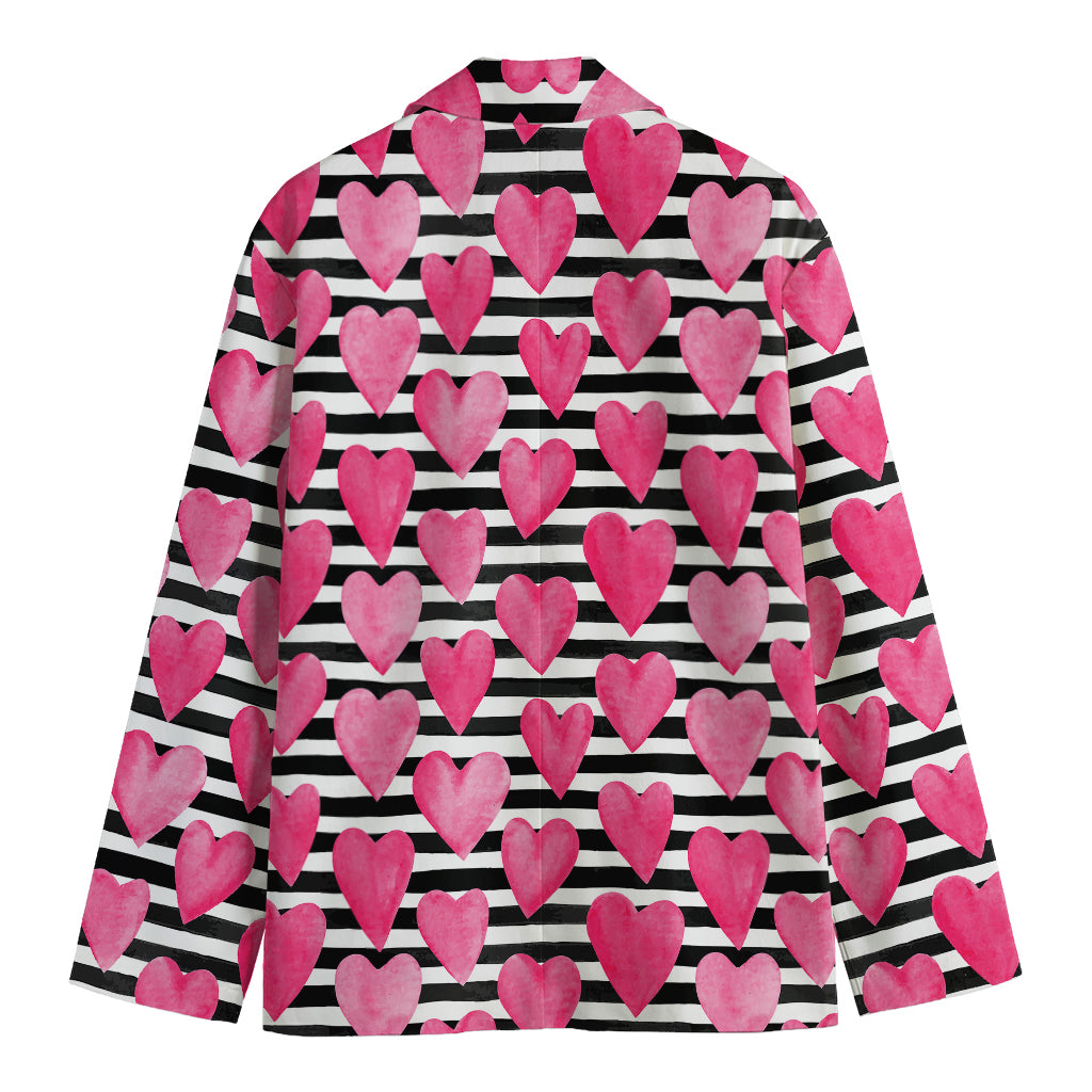 Black And White Striped Heart Print Men's Cotton Blazer